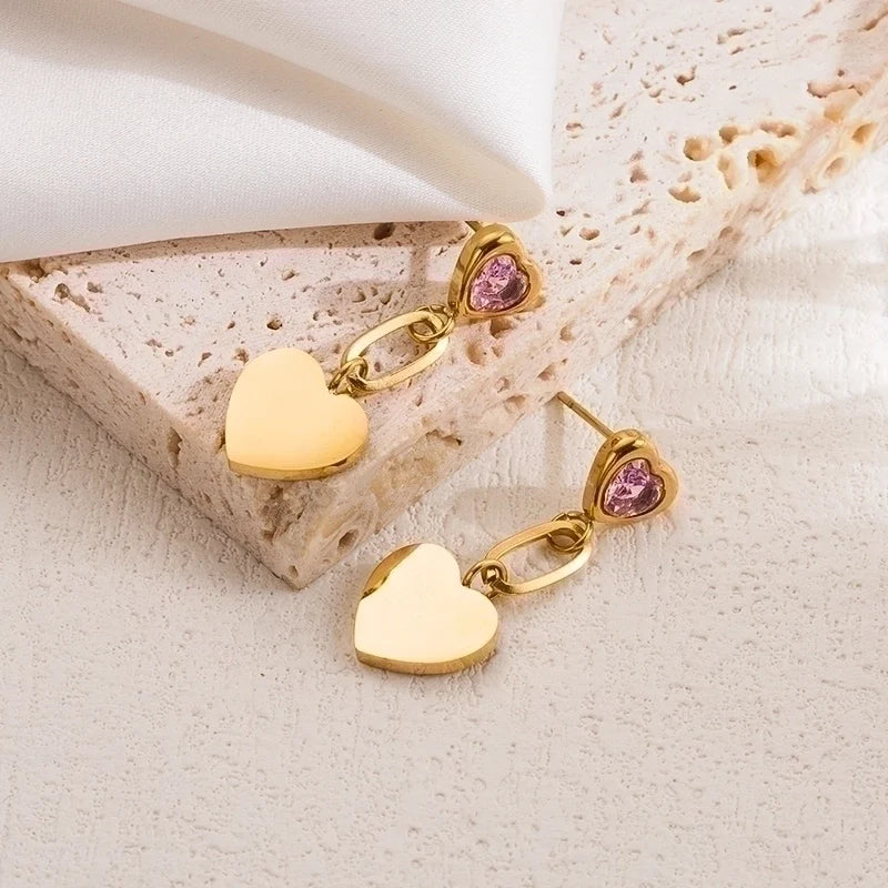 1 Pair Elegant Sweet Heart Shape Plating Stainless Steel Zircon 18k Gold Plated Drop Earrings