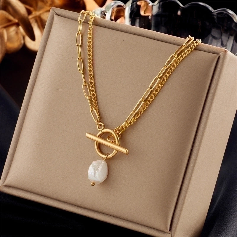 Layered Gold Plated Artificial Pearls Pendant Necklace